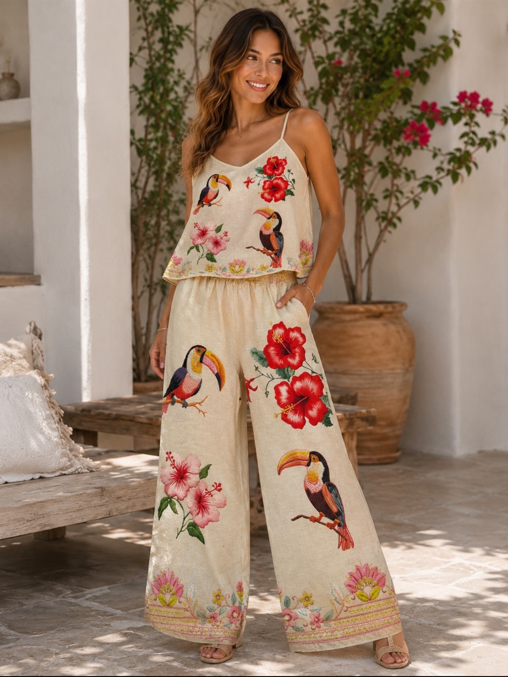 MADE IN ITALY 🇮🇹 Boho Toucan  Wide-Leg Pant and Top Set  - Cream